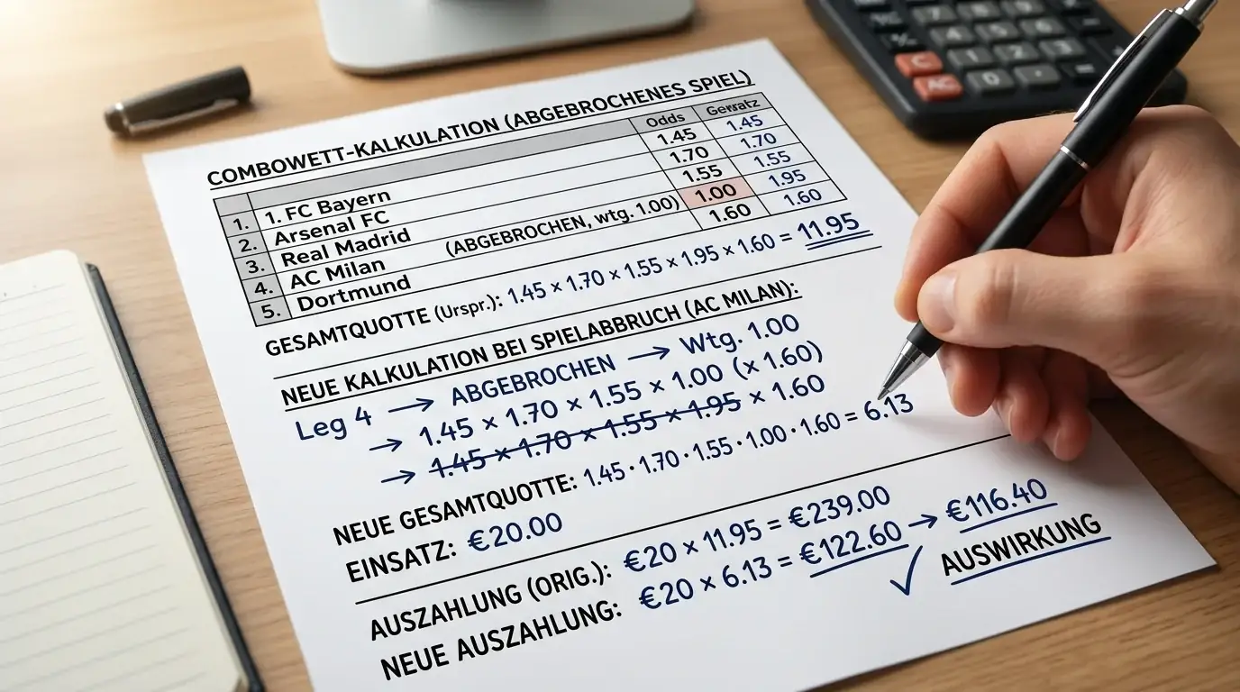 Auswirkung eines Spielabbruchs auf eine Eishockey-Kombiwette: Berechnungsbeispiel für Quote 1,00 und Annullierung