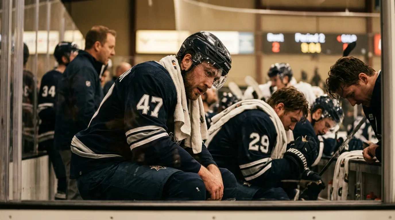 Eishockeyspieler auf der Bank nach hartem Spiel, sichtbare Erschöpfung im Kader bei Back-to-Back