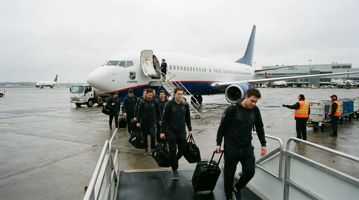 NHL-Team am Flughafen zwischen zwei Auswärtsspielen, Reisestress bei Back-to-Back-Touren