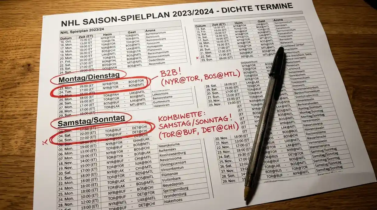 Dichter NHL-Spielplan mit Back-to-Back-Terminen eingezeichnet, Übersicht der Wochenprogramme