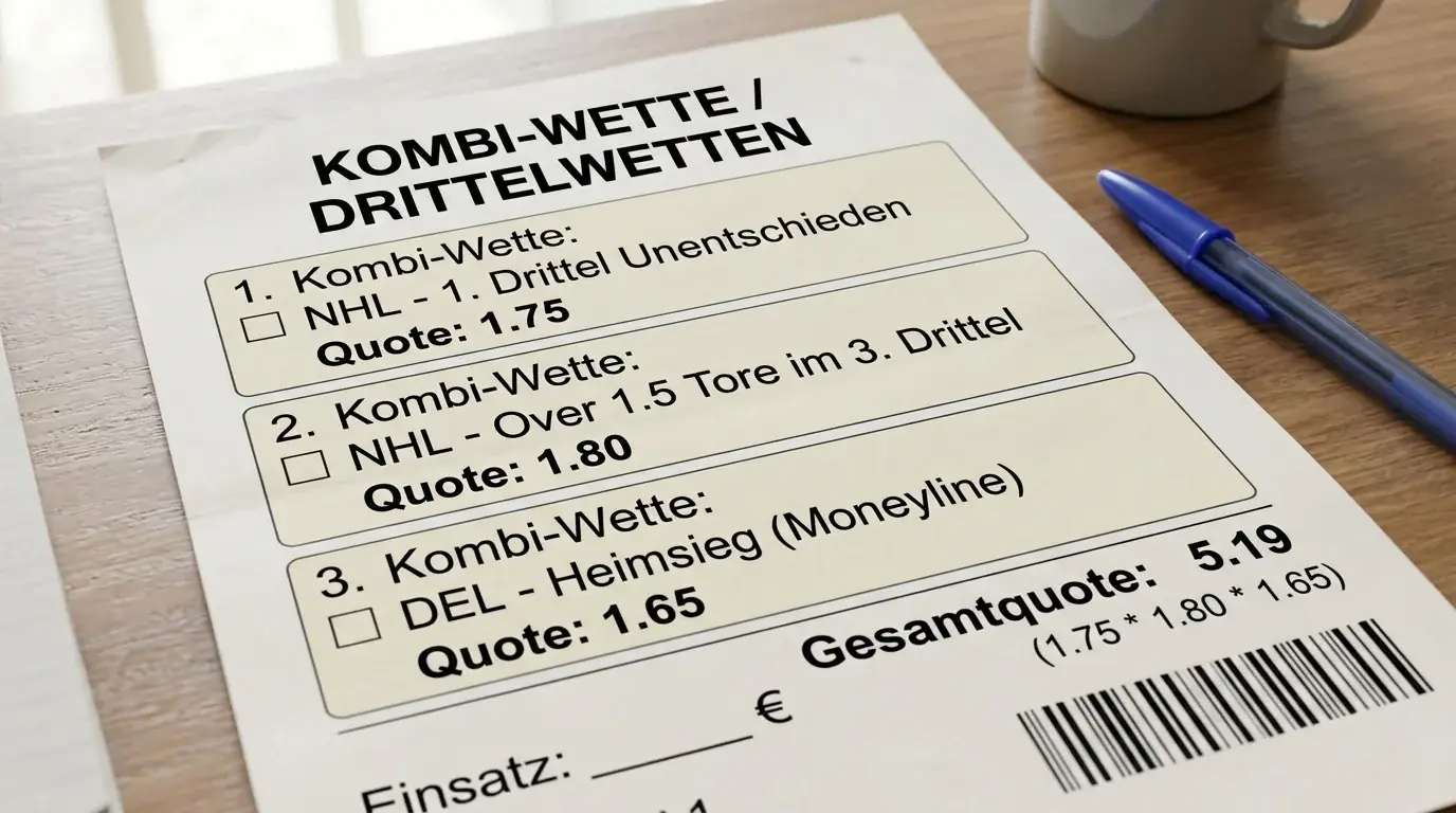 Beispiel Eishockey Kombischein mit Drittelwetten-Leg und Moneyline kombiniert in einer NHL-DEL-Kombi