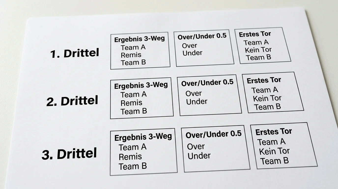 Übersicht der Periodenmarkte bei Eishockey Drittelwetten: 1. Drittel, 2. Drittel, 3. Drittel mit Wettoptionen