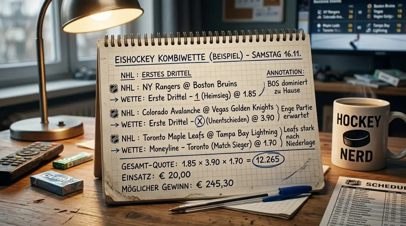 Beispiel-Kombischein mit Erste-Drittel-Wetten als Leg, Quoten-Berechnung für Eishockey-Kombiwette