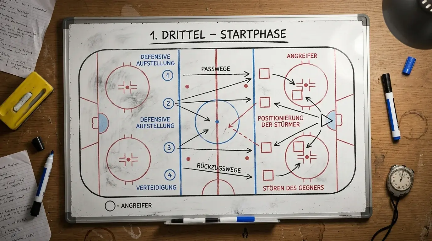 Taktikboard mit Eishockey-Aufstellung im ersten Drittel, defensive Startphase erklärt