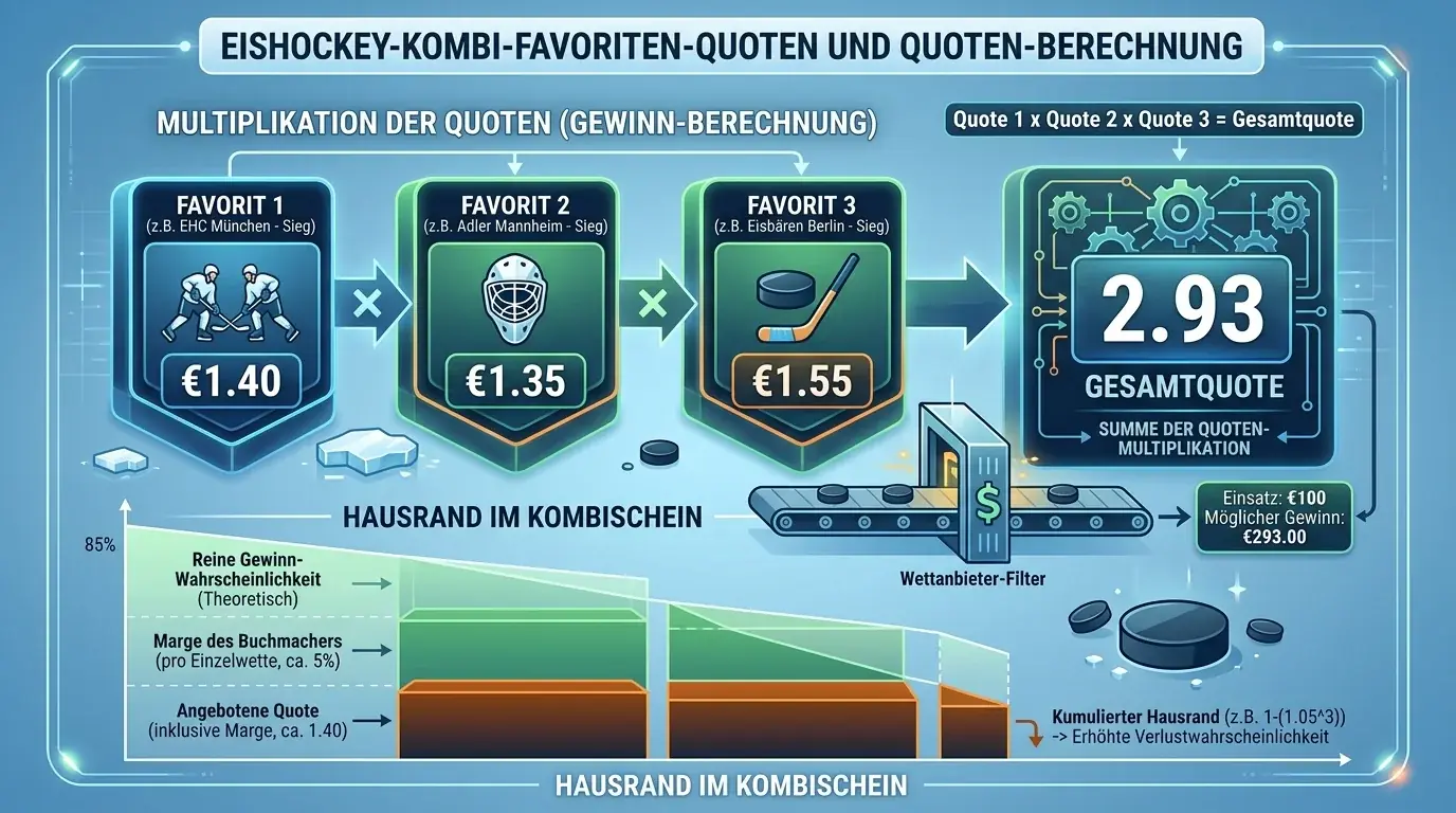 Quotenberechnung für Favoriten in Eishockey Kombiwetten — Hausrand und Gewinnwahrscheinlichkeit