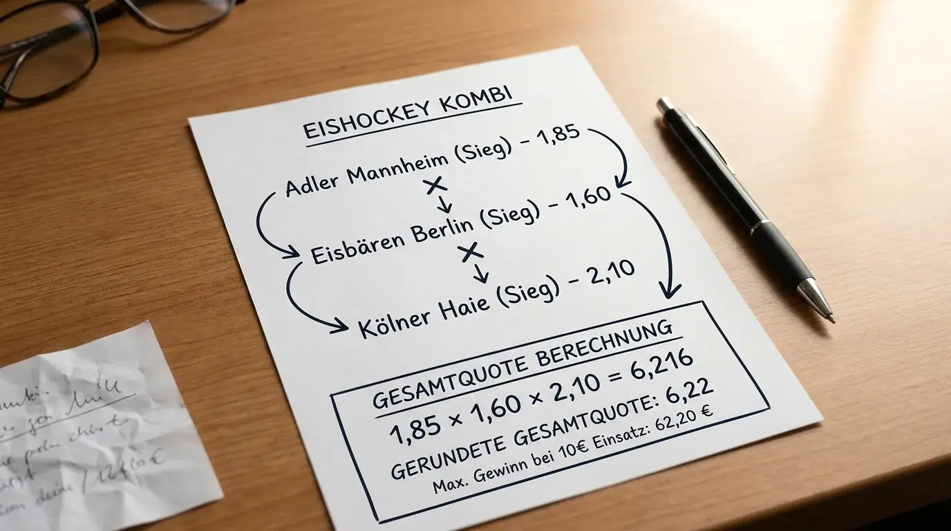 Kombiwette Struktur im Eishockey: drei Legs, Quotenmultiplikation und Alles-oder-nichts Risikoprofil
