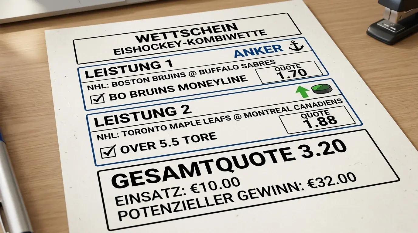Aufbau eines Eishockey Kombischeins mit Moneyline als Anker und Over-Under als zweitem Leg