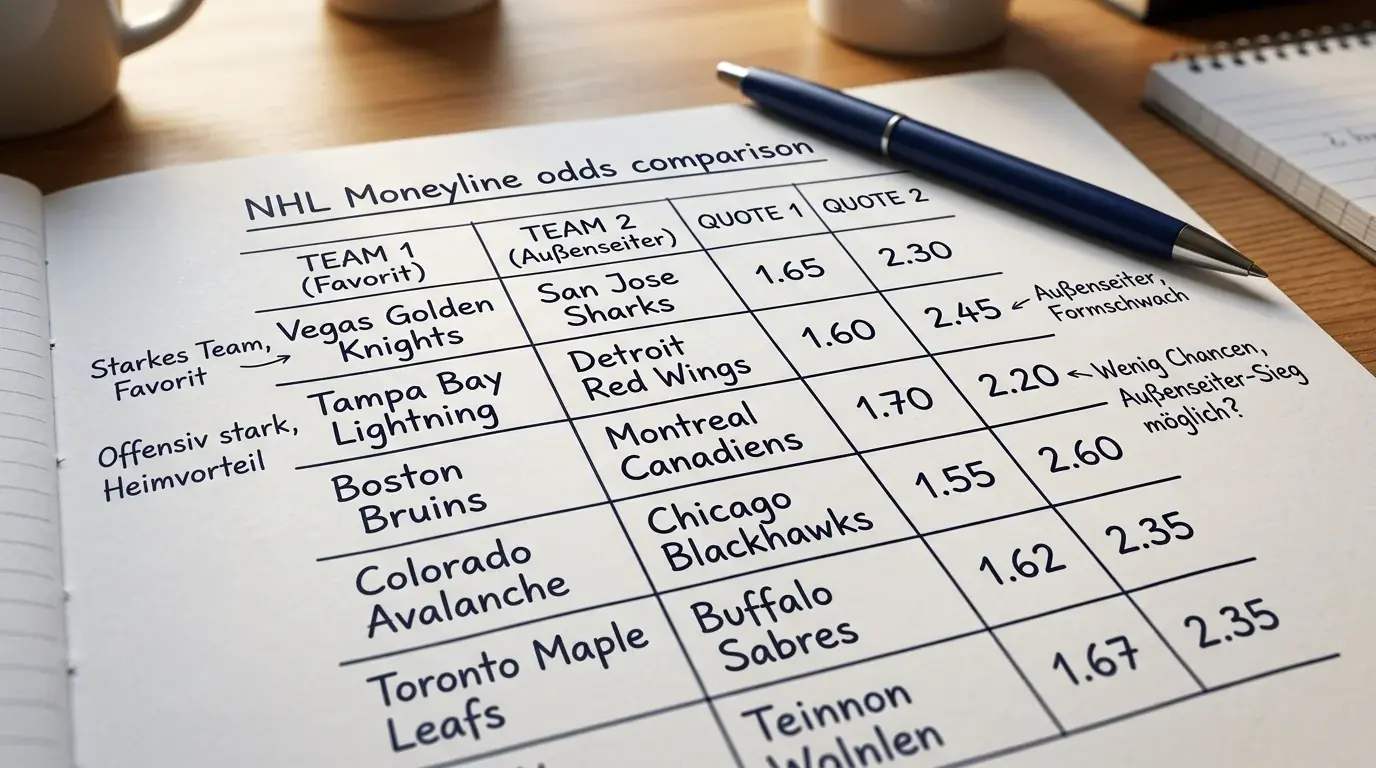 NHL Moneyline-Quoten für Favoriten und Außenseiter im Kontext einer Eishockey Kombiwette