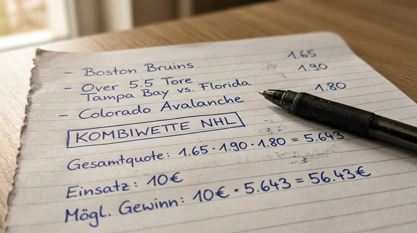 Drei NHL-Picks auf einem Kombiwetten-Wettschein mit Einzelquoten und Gesamtquote