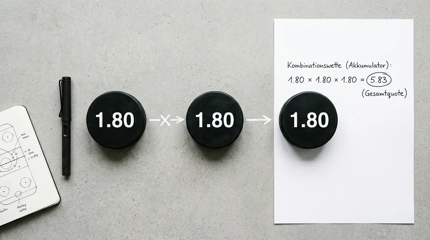 Diagramm zur Quotenmultiplikation bei Eishockey-Kombiwetten: drei Legs á 1,80 ergeben Gesamtquote 5,83