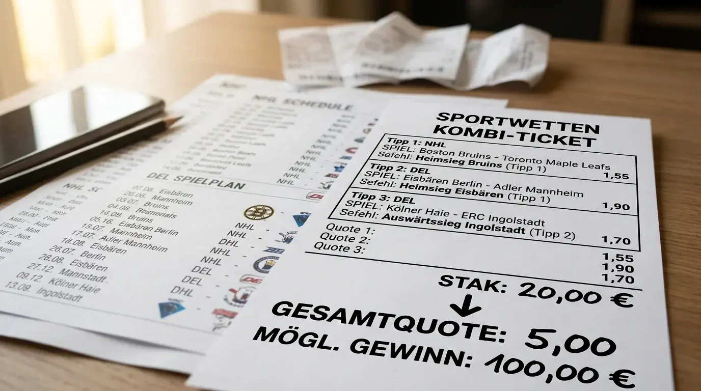 Konkretes Beispiel eines Eishockey-Kombischeins mit drei Legs aus NHL und DEL, Quotenberechnung