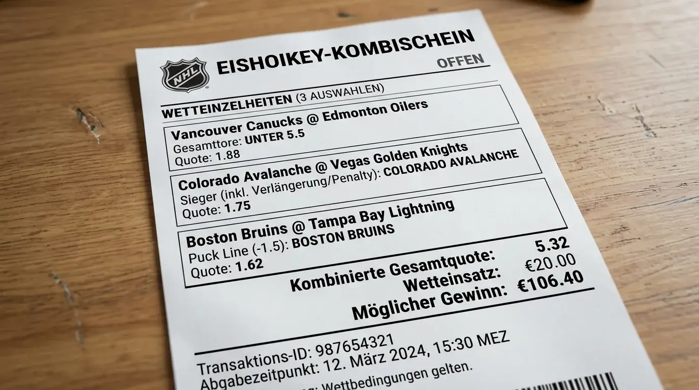 Eishockey Over Under Kombischein mit zwei verschiedenen Spielen und unabhängigen Legs auf dem Wettschein