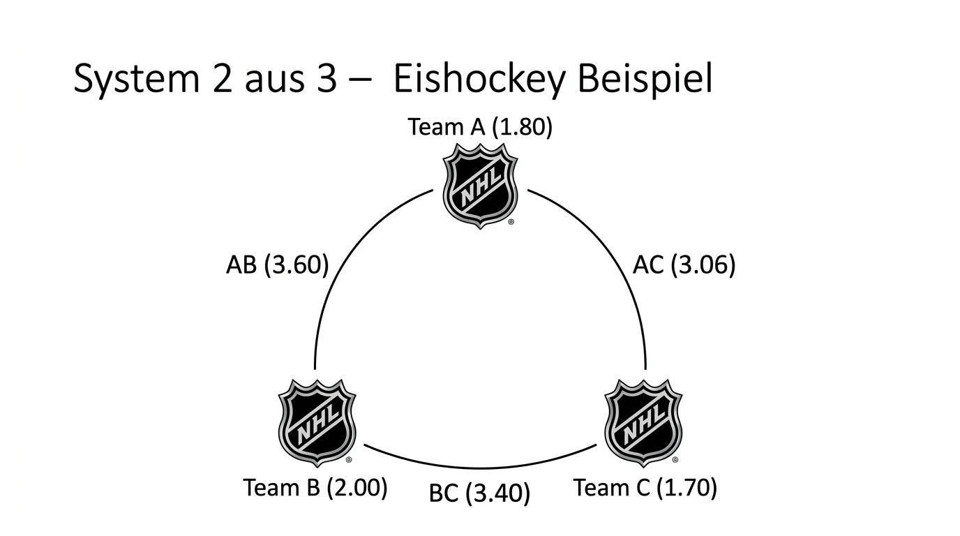 Aufbau einer System 2 aus 3 Systemwette beim Eishockey mit drei NHL-Selections und drei Teilkombinationen