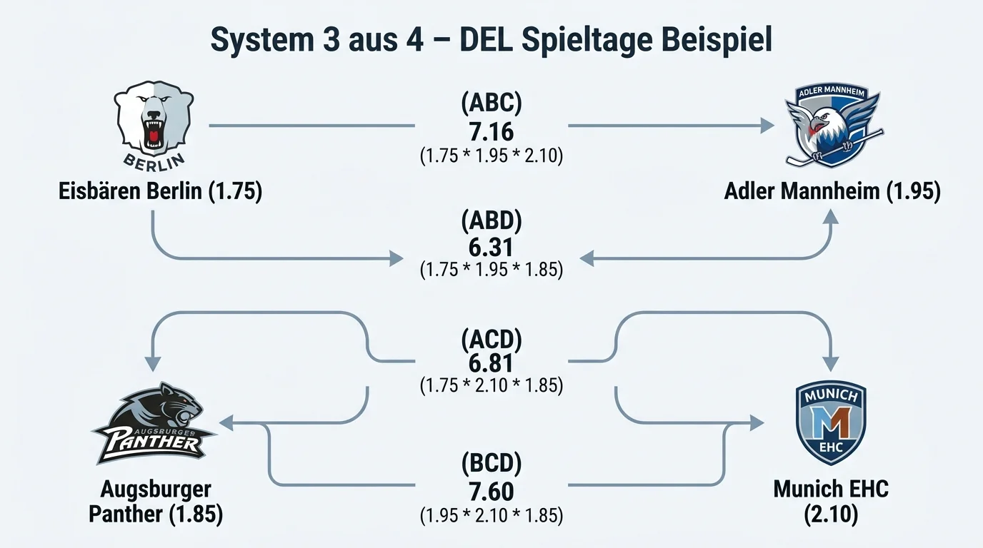 System 3 aus 4 Systemwette beim Eishockey — vier Teilkombinationen und Beispielrechnung mit DEL-Spielen