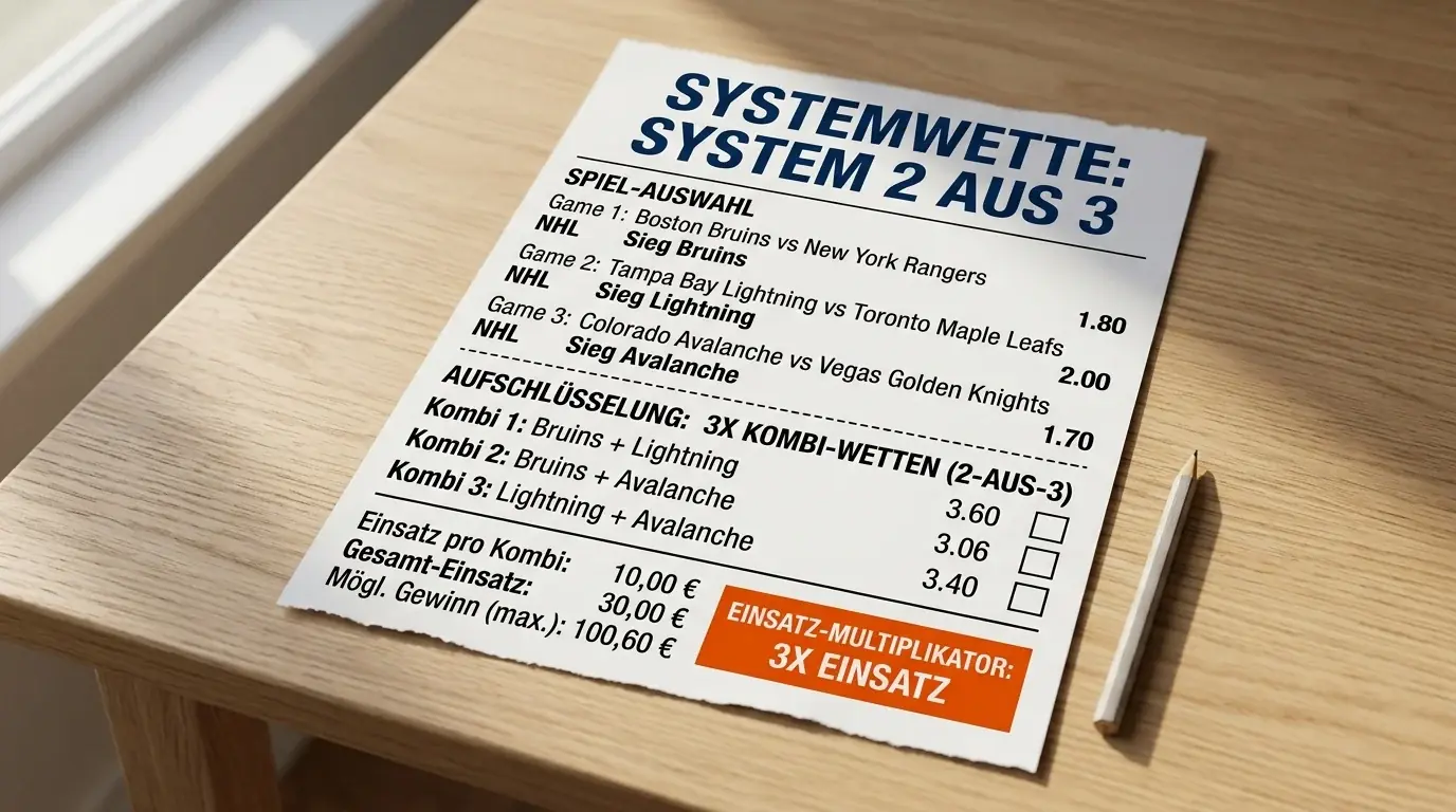 Eishockey Systemwetten erklärt — Wettschein mit System 2 aus 3 und möglichen Teilgewinnen bei NHL-Spielen