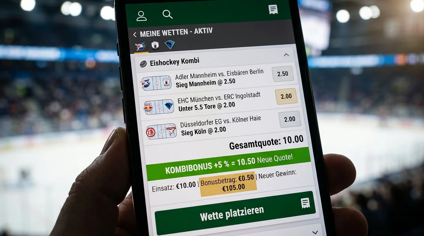 Kombibonus beim Eishockey — Buchmacher-Plattform mit Prozentboni auf Kombiwetten und erhöhter Gesamtquote