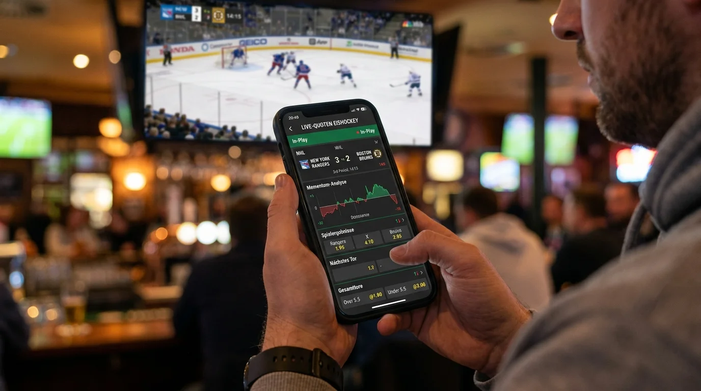 Eishockey Live-Kombiwetten: In-Play-Wettmarkt auf dem Smartphone während eines NHL-Spiels mit Live-Quoten und Momentum-Analyse