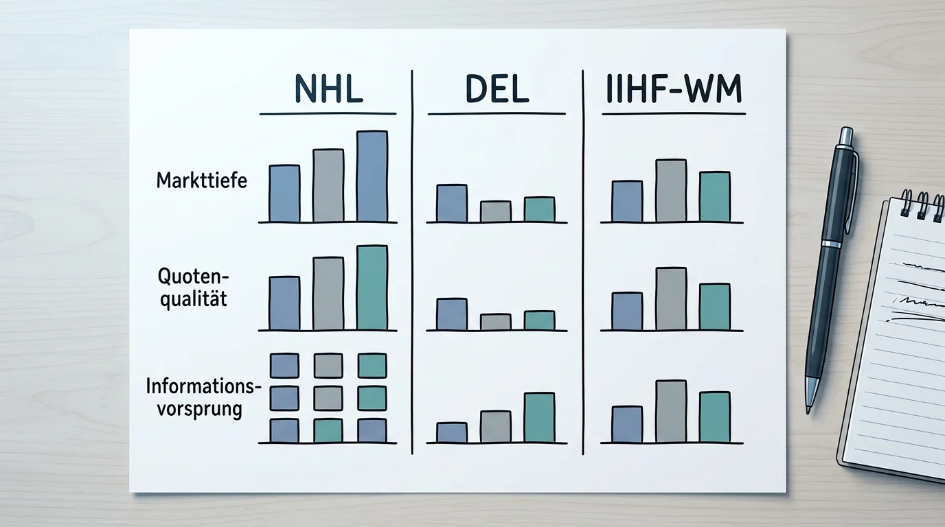 Vergleich von NHL, DEL und IIHF-WM als Märkte für Eishockey Kombiwetten: Quotenschlüssel, Markttiefe und Informationsvorteile im Überblick
