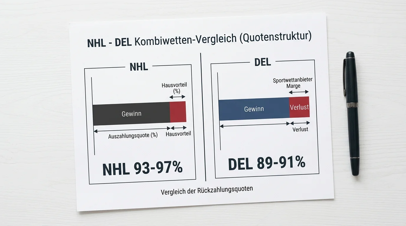 Quotenstruktur im Vergleich: NHL-Payout 93-97% vs. DEL-Payout 89-91% und Auswirkung auf Eishockey-Kombiwetten