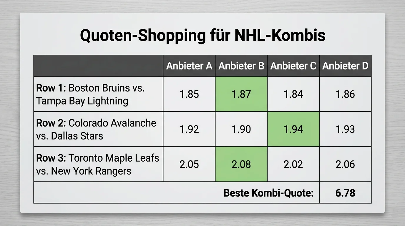 Quoten-Shopping für NHL-Kombiwetten — Quotenvergleich über mehrere Anbieter und multiplizierter Vorteil bei Kombis
