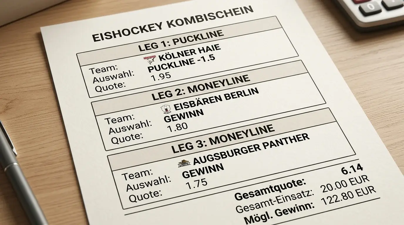 Konkretes Beispiel eines Eishockey Kombischeins mit Puckline-Leg und zwei Moneyline-Legs