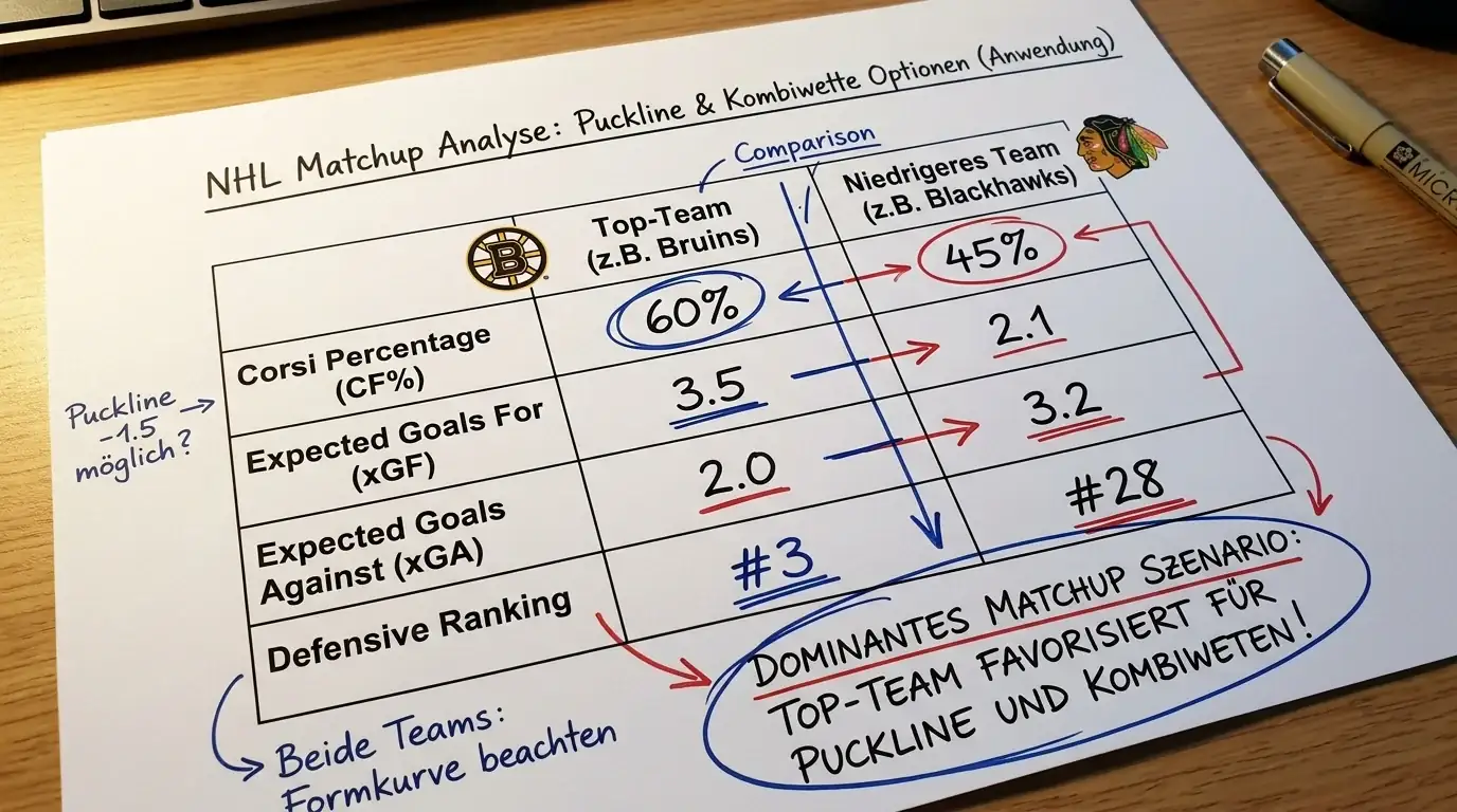 NHL-Anwendung der Puckline -1,5 in einer Eishockey Kombiwette bei Spielen mit klarem Stärkeunterschied