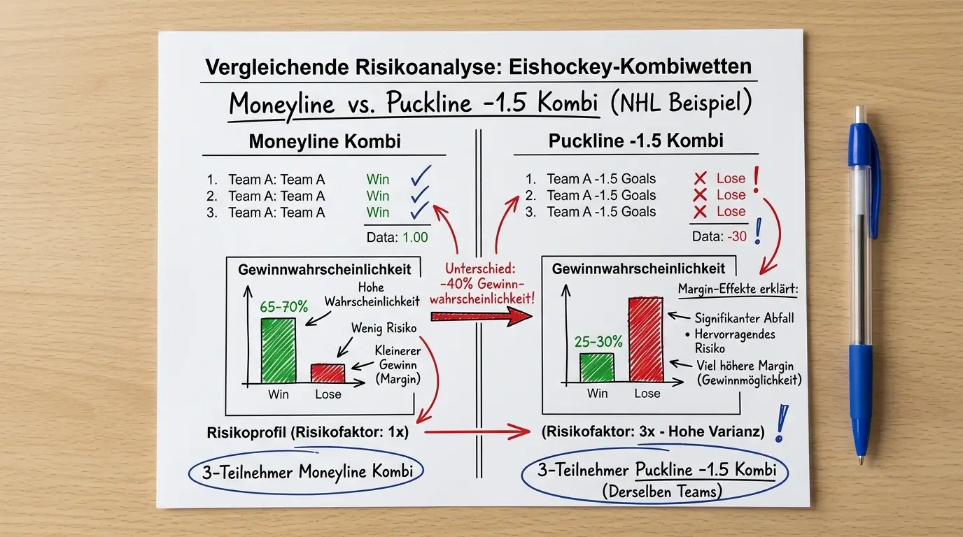 Risikoprofil einer Eishockey Kombiwette mit Puckline -1,5 im Vergleich zur Moneyline-Kombiwette