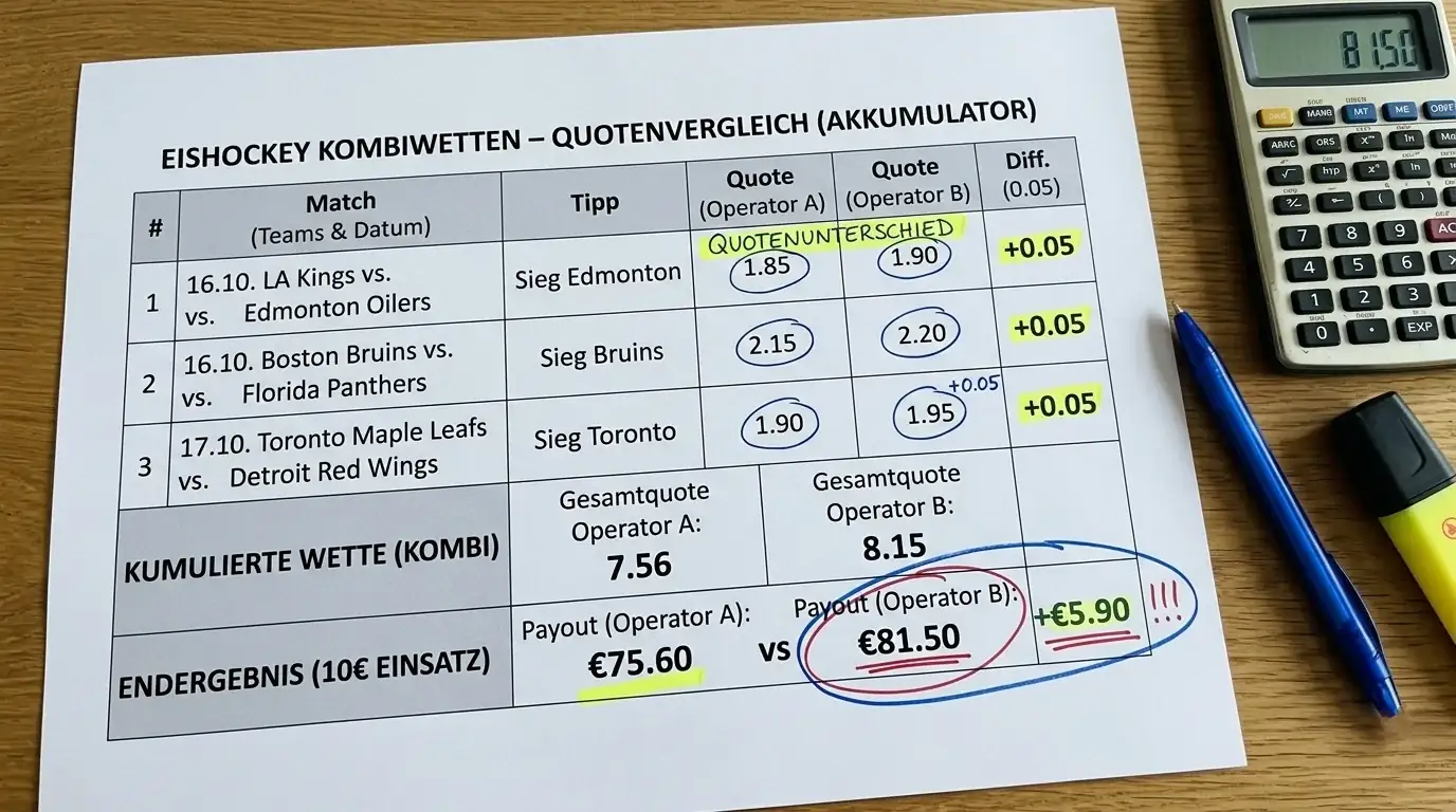 Quotenunterschied Berechnung Eishockey 3er-Kombi Auswirkung kleiner Quotenverbesserungen